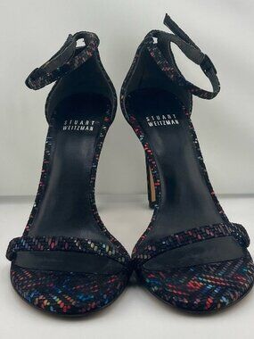 Stuart Weitzman Nudistrong Woven Leather Heels, Black Multicolor